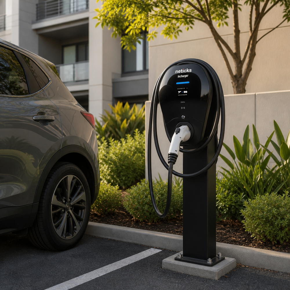 Neticks branded EV charger at a landscaped condominium parking area