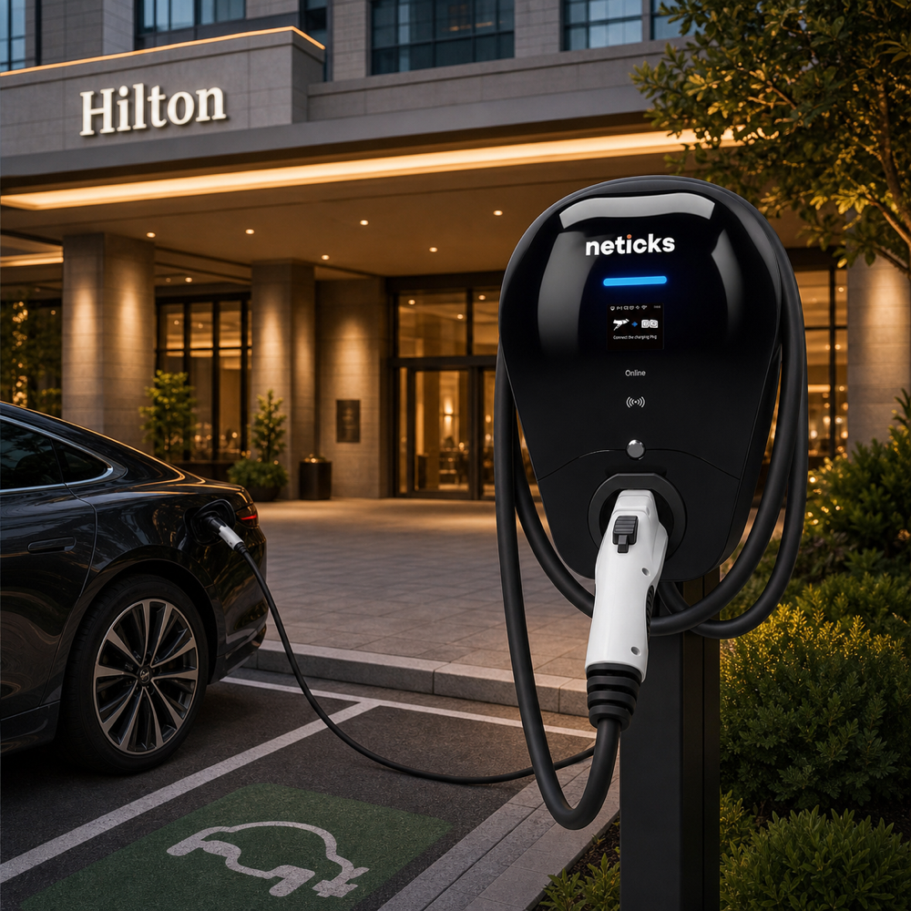 Neticks branded EV charger at a Hilton hotel entrance concept