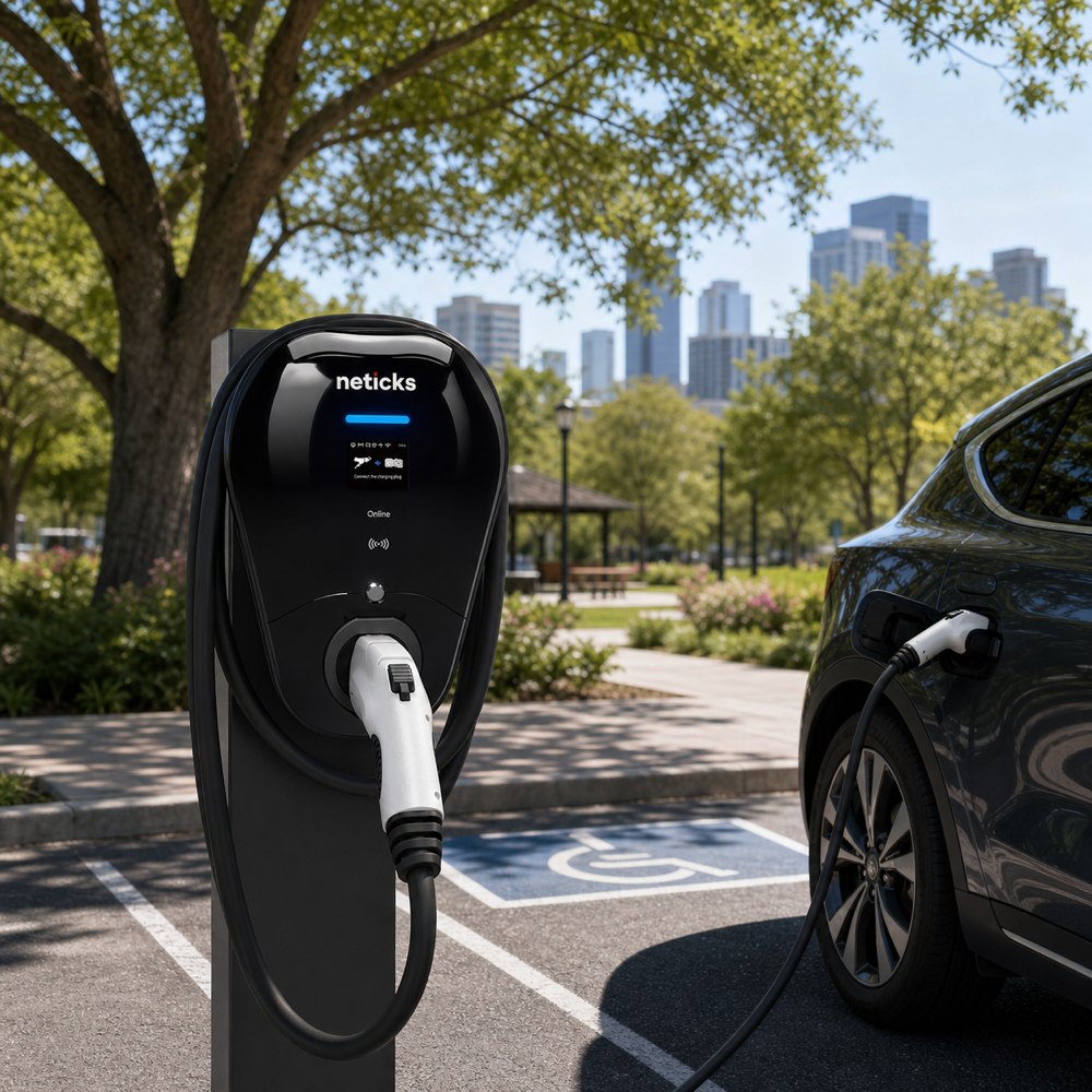 Neticks branded EV charger beside parking at a landscaped city park