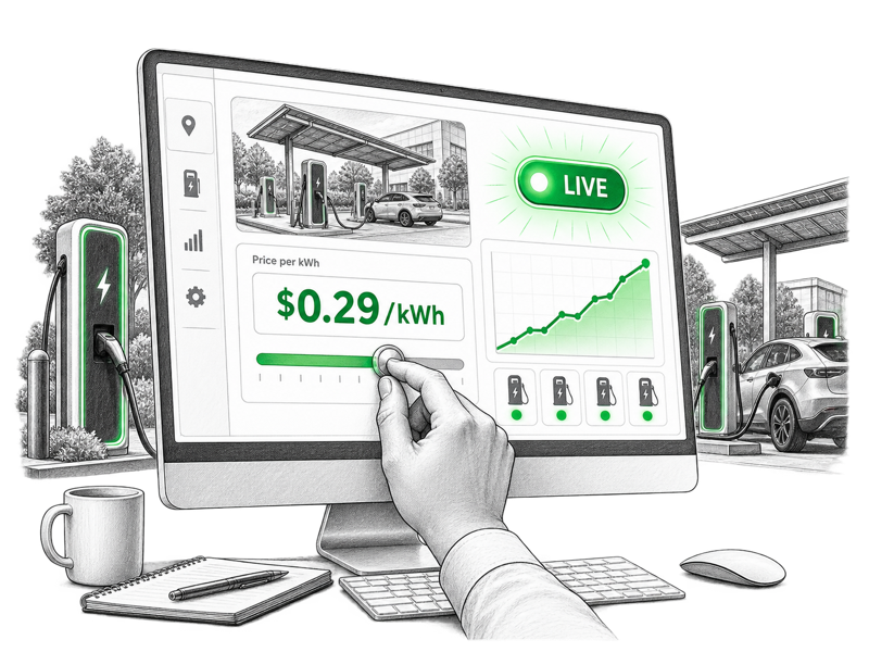 Computer dashboard setting an EV charging rate and bringing stations live